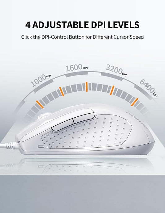 TECKNET USB Wired Mouse, 6-Button Corded Mouse with 4 Adjustable DPI, Optical Computer Mouse with Ergonomic Design and 5FT Cord for Laptop, Chromebook, PC, Desktop, Mac, Notebook-LT.White