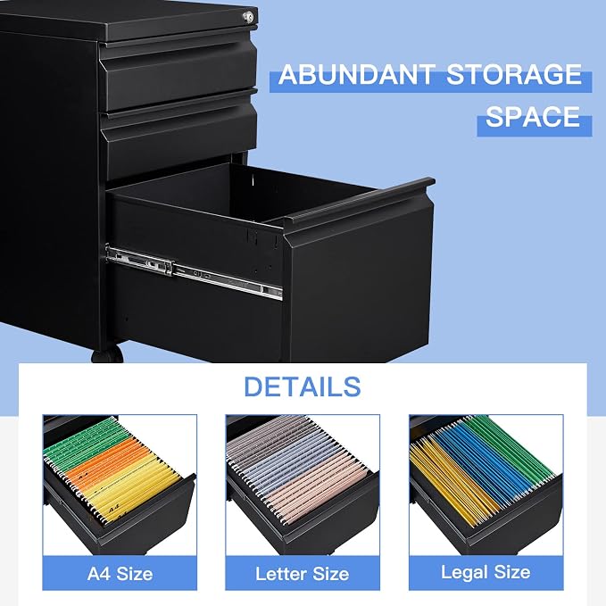Yizosh 3 Drawer Mobile File Cabinet with Lock, Black Under Desk Rolling Filing Cabinet, Metal Locking File Cabinet on Wheels for Legal/Letter/A4 File (Full Assemble)