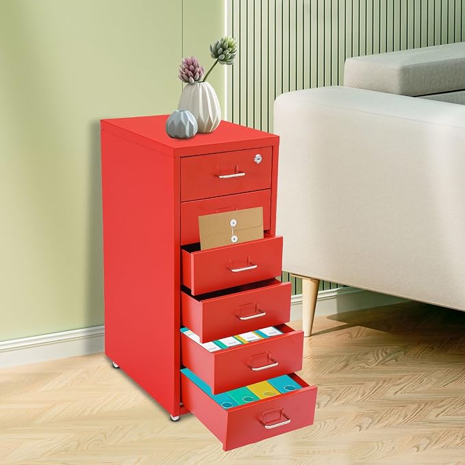 Vertical File Cabinet, 6 Drawers Rolling File Organizer Cabinets with Lock, Heavy Duty Metal Storage Cabinet, Movable Under Desk Filing Cabinet for Office, Study, Dresser (Red)
