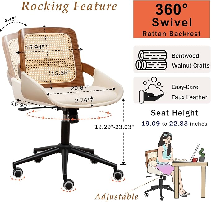Home Office Desk Chair with Ergonomic Rattan Backrest, Walnut Crafts, Curved Arms, Faux Leather, Caster Wheels, Height Adjustable, Computer Chair for Desk Work, Executive Task, Conference Room - Beige