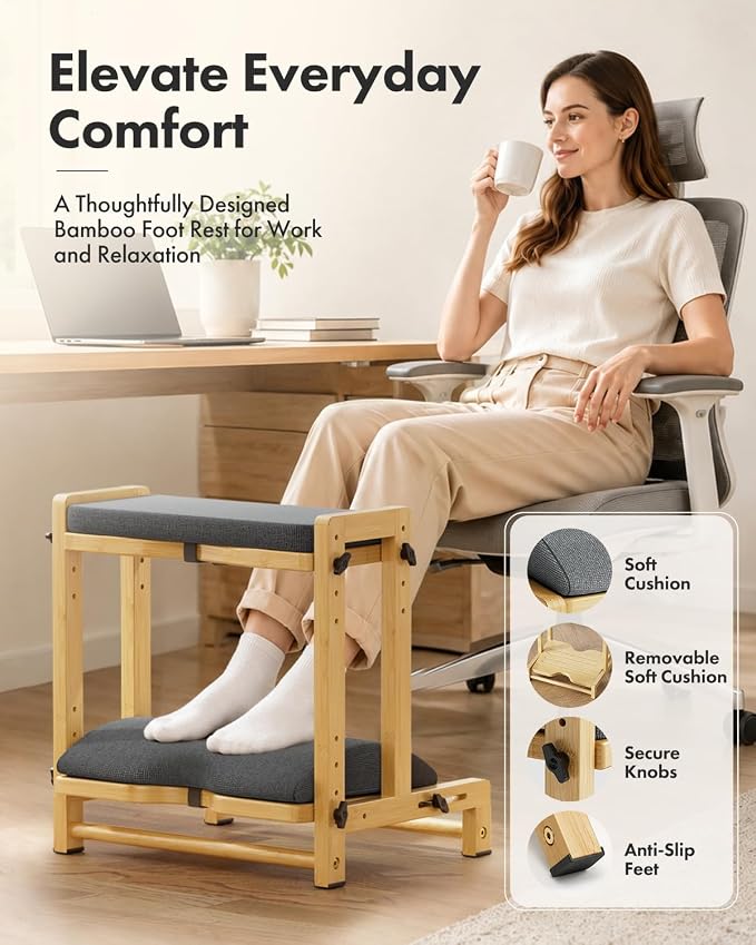 Amazer Double Step Foot Rest for Under Desk, 4 Adjustable Heights Bamboo Under Desk footrest with Soft Cushion, Dual-Layer Desk Foot Stool for Office Home Gaming, Natural Wood Foot Rests for Work