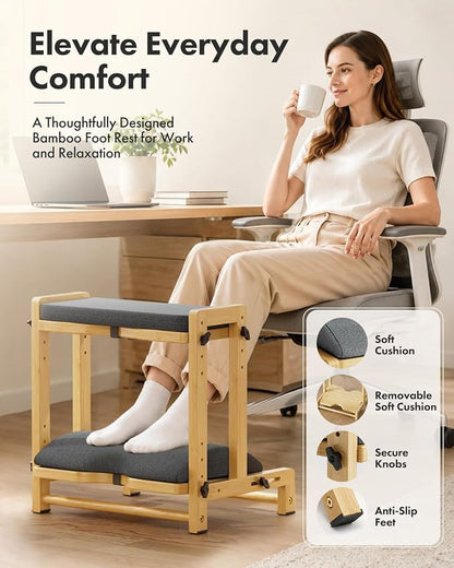 Amazer Double Step Foot Rest for Under Desk, 4 Adjustable Heights Bamboo Under Desk footrest with Soft Cushion, Dual-Layer Desk Foot Stool for Office Home Gaming, Natural Wood Foot Rests for Work