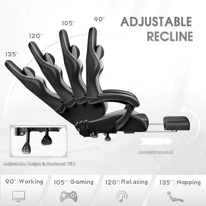 Shahoo Gaming Chair with Footrest and Massage Lumbar Support, Ergonomic Office Computer Seat Height Adjustable with Headrest, Grey