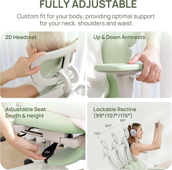 CabLady S1 High Back Ergonomic Mesh Office Chair with Footrest, 300 lbs | 115° Recline Lock, Adjust Seat Depth, 2D Arms, 3D Headrest, Detachable Lumbar Support, Breathable Mesh, BIFMA, Green