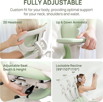 CabLady S1 High Back Ergonomic Mesh Office Chair with Footrest, 300 lbs | 115° Recline Lock, Adjust Seat Depth, 2D Arms, 3D Headrest, Detachable Lumbar Support, Breathable Mesh, BIFMA, Green