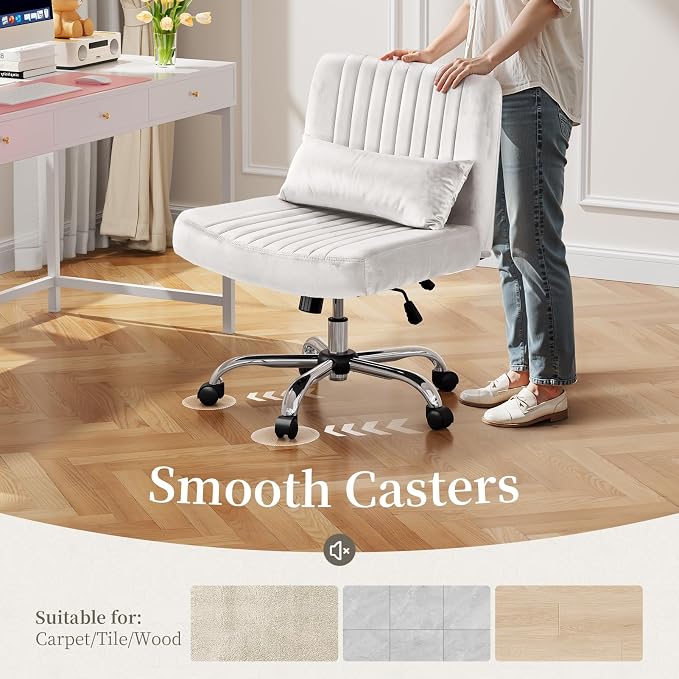 Warmiehomy Velvet Office Chair, Luxury Criss Cross Chair with Wheels, Comfy Cross Legged Desk Chair for Home Office, Stylish Vanity Chair, Wide Seat Computer Chair, Best Gift for Girls, Pure White