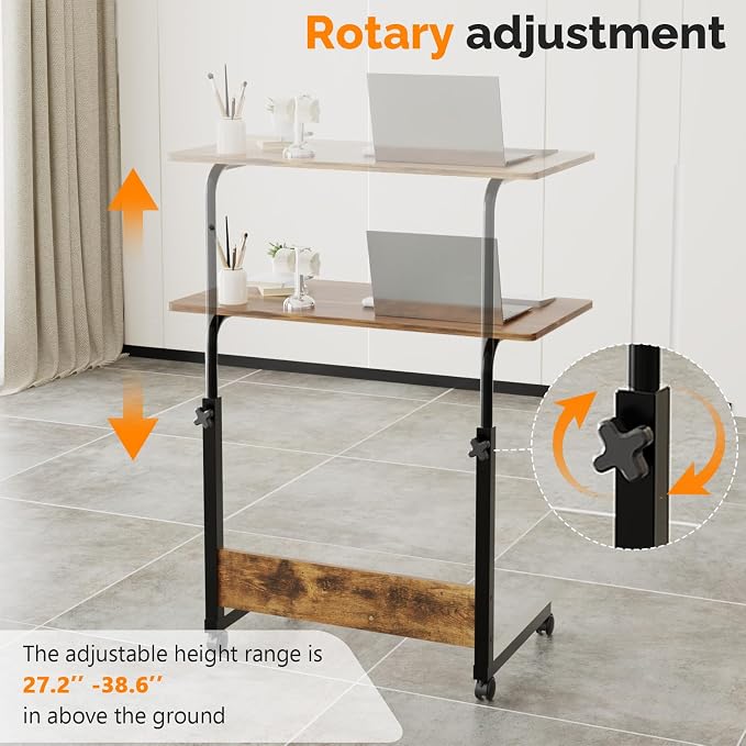 VINGLI Portable Computer Workstation, Standing Desk Adjustable Height, Small Computer Desk w/Rolling, Sit Stand Laptop Desk TV Tray for Bed Sofa Hospital Reading Eating, Rustic Brown, 31.5"