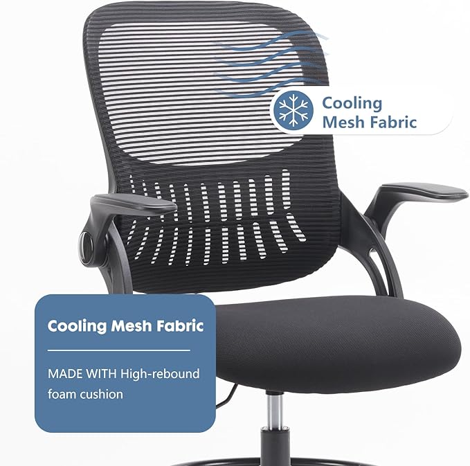 DUMOS Drafting Chair with Flip-up Arms, Tall Office Standing Desk Chair with 360° Swivel Rolling Wheels, Counter Height Adjustable, High Ergonomic Mesh Computer Chairs, Ink