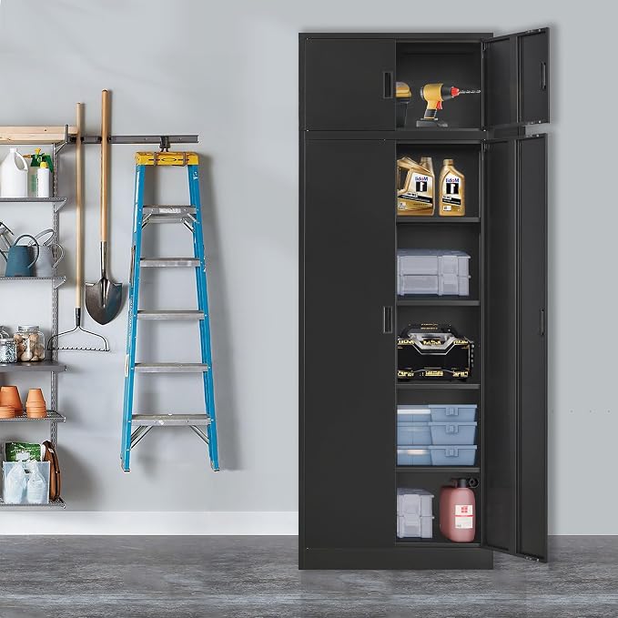 Wanfu Metal Storage Cabinet, 87" H x 32" W x 16" D Locking Storage Cabinets with 4 Adjustable Shelves and Top Cabinet for Office, Garage, Home-Black