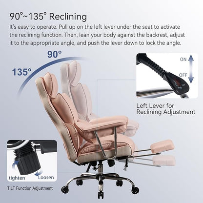 Efomao Big and Tall Office Chair, 400lbs Heavy Duty High Back Executive Chair with 23.6" Extra Wide Seat, PU Leather Desk Chair with Footrest and Padded Armrests, Pink