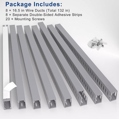 ZhiYo H1.6in W1in Professional Server Rack Cable Management Raceway, 132in (8 x L16.5in) Cable Raceway Kit, Electrically Safe PVC Open Slot Wire Raceway for Under Desk/Computer/Network Cords, Grey