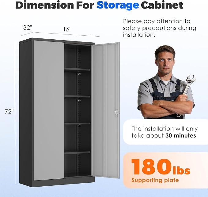 INTERGREAT Metal Garage Storage Cabinet with Lock, 72" Storage Cabinet with Locking Doors and 4 Adjustable Shelves, Lockable Steel Tool Cabinet for Home Office, School, Black Grey