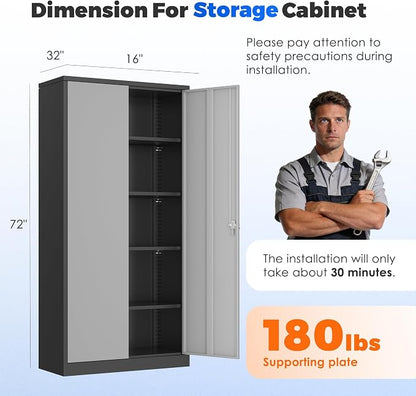 INTERGREAT Metal Garage Storage Cabinet with Lock, 72" Storage Cabinet with Locking Doors and 4 Adjustable Shelves, Lockable Steel Tool Cabinet for Home Office, School, Black Grey