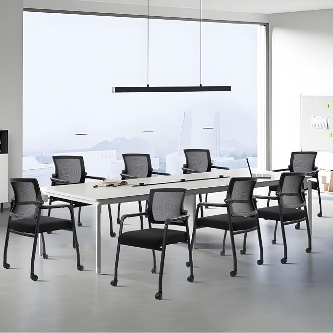 KLASIKA Waiting Room Chairs with Wheels, Adjustable Mesh Backrest, Desk Chair with Ergonomic Lumbar Support and Thickened Seats Cushion, Black