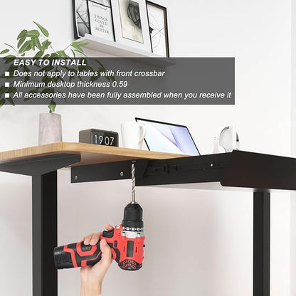 Large Under Desk Mounted Sliding Drawer with 2 Cable Hole and 60 Degree Tilt Panel to Pull Out, 22.4'' Long & 9.2'' deep Large Storage Organizer for Sit Stand Workstation