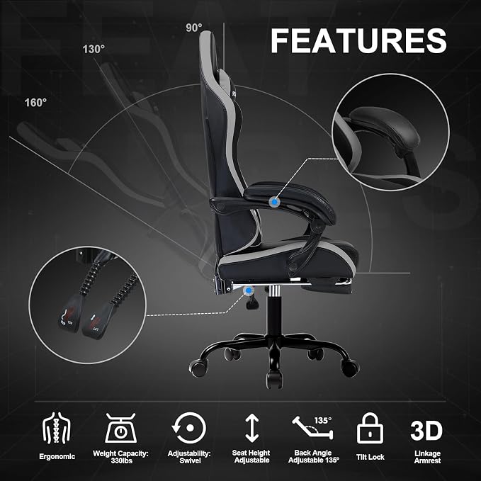 GTPLAYER Gaming Chair High Back Computer Chairs with Foot Rest for Adults, Ergonomic Height Adjustable Recliner Chair 300lbs with Linkage Armrest and Lumbar Support for Home Office, Grey
