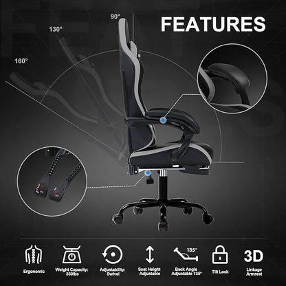 GTPLAYER Gaming Chair for Adults, Big and Tall 300LBS Heavy Duty Office Chair with Footrest, Ergonomic High Back Lumbar Support and Wide Comfy Cushion with Linkage Armrests for Home Office, Grey