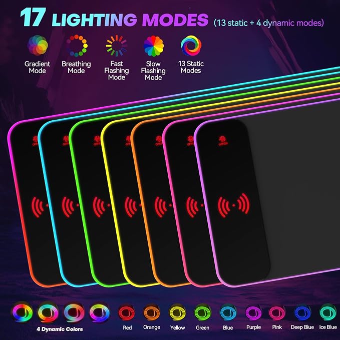 RGB Gaming Mouse Pad with 15W Wireless Charger, 17 Lighting Modes LED Mouse Mat, Extra Large 27.6"x11.8" Extended Mouse Pad with Non-Slip Base, Type-C Plug & Play, for Keyboard, Mouse, and Phone