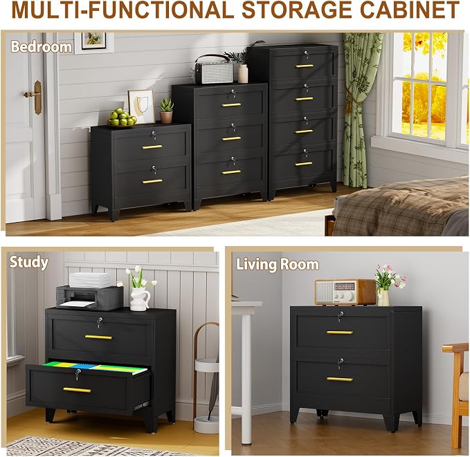 Metal Lateral File Cabinet with Lock,2 Drawer Steel Wide Filing Organization Storage Cabinets for Legal/Letter/A4/F4 Size with Hanging Files&Key,Lockable Printer Stand for Home Office, Black
