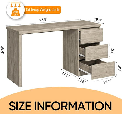 furtble Computer Desk with Drawers, 53.5 inches Wood Work Desk, Home Office Desk Workstation with Storage, Farmhouse Computer Table for Bedroom, Living Room, Grey Oak