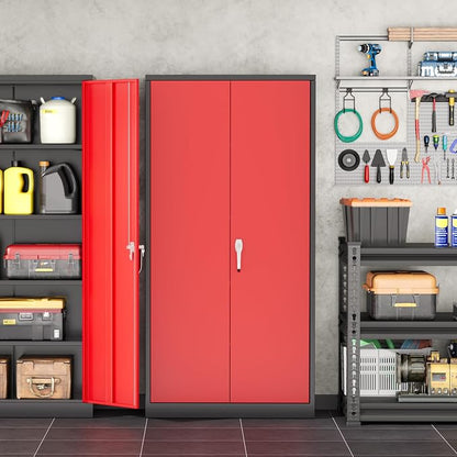 INTERGREAT Metal Garage Storage Cabinet with Lock, 72" Storage Cabinet with Locking Doors and 4 Adjustable Shelves, Lockable Steel Tool Cabinet for Home Office, School, Black Red