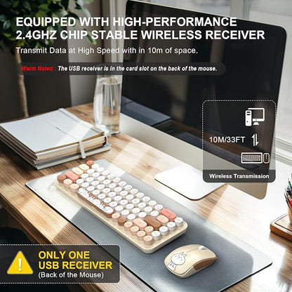 FOPETT Wireless Keyboard and Mouse Cute Mouse and Keyboard 2.4G Wireless Keyboards with Colorful 68 Keys Typewriter Retro Round Keycap for PC, Laptop,Tablet,Computer Windows - Milk Tea Colorful