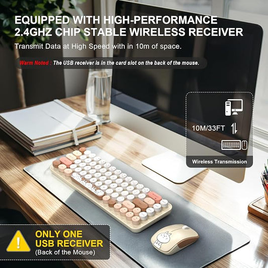 FOPETT Wireless Keyboard and Mouse Cute Mouse and Keyboard 2.4G Wireless Keyboards with Colorful 68 Keys Typewriter Retro Round Keycap for PC, Laptop,Tablet,Computer Windows - Milk Tea Colorful