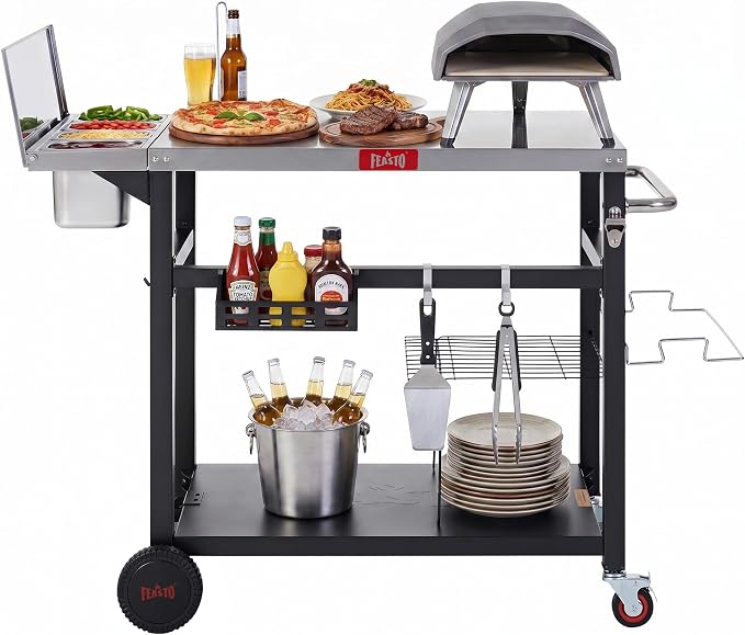 Feasto Outdoor Prep Table with One-Piece Integrated Topping Station, Food-Grade Stainless Steel Tabletop, Pizza Oven Table with Lockable Wheels for Backyard BBQ & Party