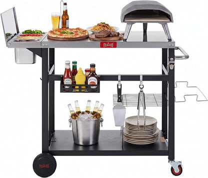 Feasto Outdoor Prep Table with One-Piece Integrated Topping Station, Food-Grade Stainless Steel Tabletop, Pizza Oven Table with Lockable Wheels for Backyard BBQ & Party