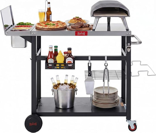 Feasto Outdoor Prep Table with One-Piece Integrated Topping Station, Food-Grade Stainless Steel Tabletop, Pizza Oven Table with Lockable Wheels for Backyard BBQ & Party