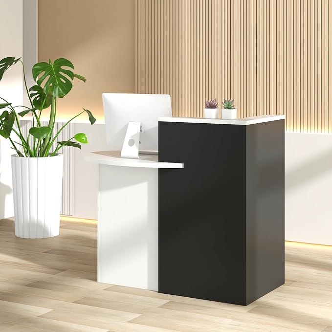 Giantex Reception Desk, Front Counter Desk with Lockable Drawer, Checkout Table with Round Tabletop, Corner Shelf & Adjustable Shelf for Office Beauty Salon Retail Store (Black & White)