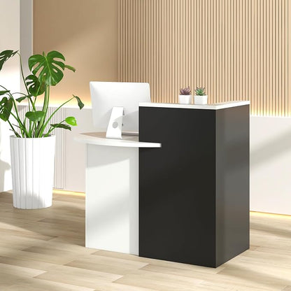 Giantex Reception Desk, Front Counter Desk with Lockable Drawer, Checkout Table with Round Tabletop, Corner Shelf & Adjustable Shelf for Office Beauty Salon Retail Store (Black & White)