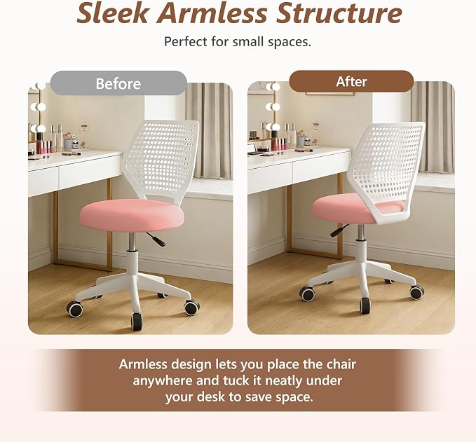 Small Office Chair with Wheels, Armless Desk Chair Height Adjustable Swivel Rolling Task Chair Breathable Mesh Ergonomic Computer Work Chair for Adult, Pink