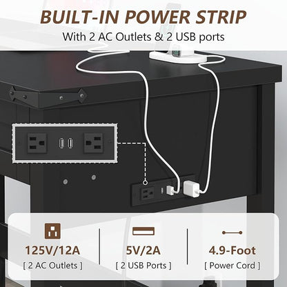 YOMILUVE Farmhouse Computer Desk with 2 Drawers, 39 Inch Small Black Computer Desk with Power Outlets, Home Office Desk Compact Writing Study Table for Small Spaces