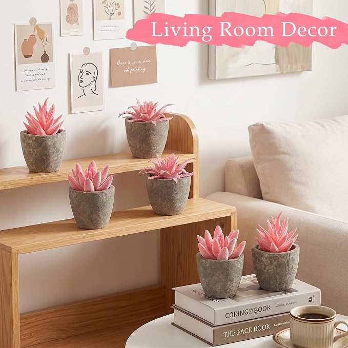 6 Pack Pink Succulents Plants Artificial in Pots, Fake Mini Planted Succulents Pink Room Office Desk Decor for Women