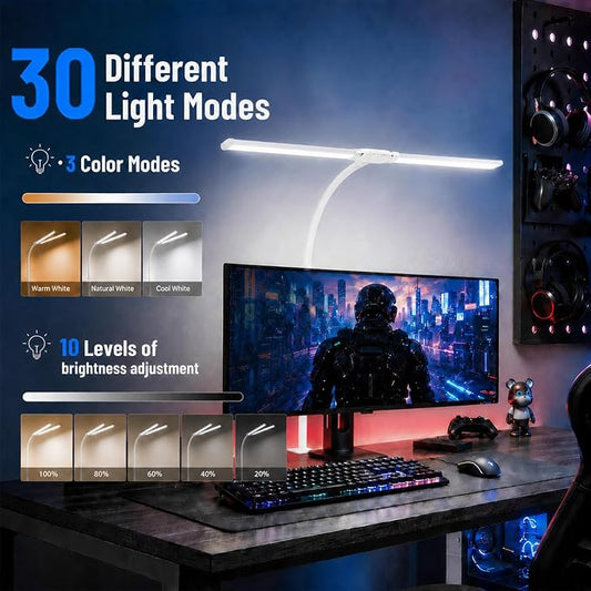 LED Desk Lamp for Home Office, Eye-Care Architect Light with Clamp, Double Head Computer Monitor Table Light with 3 Color Modes 10 Brightness, Adjustable for Reading, Study, Drafting, Workbench, White