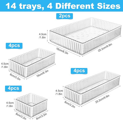 HOTOOLME 14PCS Clear Drawer Organizers Bins, 4 Size Clear Makeup Drawer Organizer, Stackable Vanity Drawer Organiser Trays, Bathroom Drawer Storage for Cosmetics, Office Supply