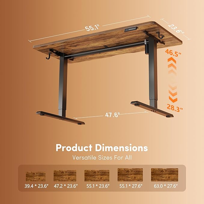 DESINO Standing Desk, 55 × 24 Inches Electric Height Adjustable, Sit and Stand Up, Computer Office Desk with Splice Board, Black Frame/Rustic Brown TOP