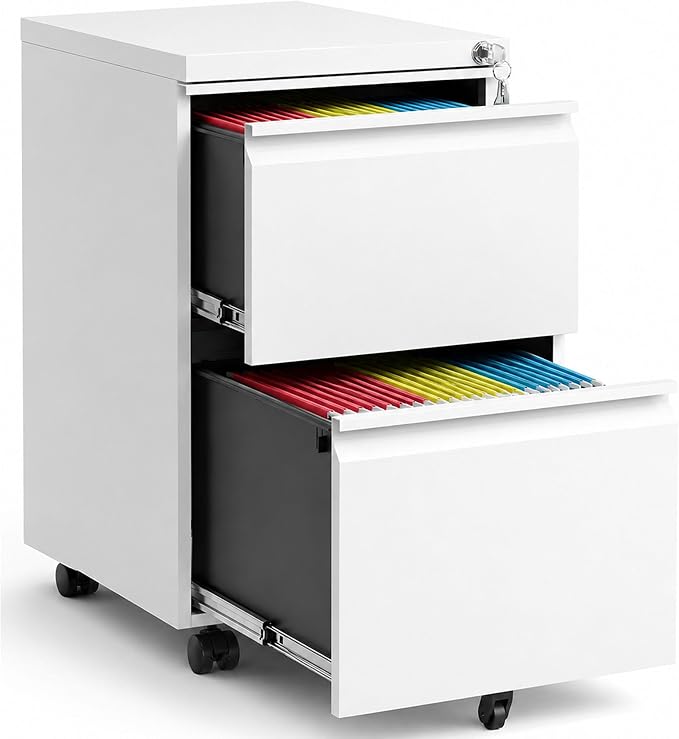 SAWJEC 2 Drawer Mobile File Cabinet with Lock, Fully Assembled Rolling Metal Filing Cabinet for Home Office, Vertical Locking File Cabinet with Wheels, Fits Letter/Legal/A4, White, 17"D x 15"W x 26"H