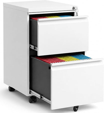 SAWJEC 2 Drawer Mobile File Cabinet with Lock, Fully Assembled Rolling Metal Filing Cabinet for Home Office, Vertical Locking File Cabinet with Wheels, Fits Letter/Legal/A4, White, 17"D x 15"W x 26"H