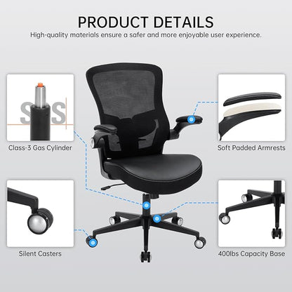 Office Chair-400lbs, Ergonomic Heavy Duty Office Desk Chair with Adjustable Lumbar Support Breathable Mesh Computer Chair with Flip-Up Armrests, Comfy Home Office Desk Chair for Heavy People
