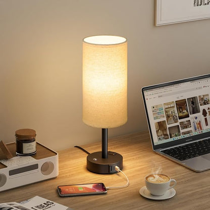 Touch Bedside Table Lamp with Memory - Stepless Dimmable Lamp for Bedroom, Small Nightstand Lamp with Dual USB Charging Ports and AC Outlet, Wood Night Light, Desk Lamp for Nursery (Beige & Black)