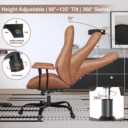 E-Ser Leather Desk Chair, Mid Century Modern Office Chair, Brown | Lumbar Support, Ergonomic, 360° Swivel, Rubber Rolling Wheels, Adjustable Height, for Adults