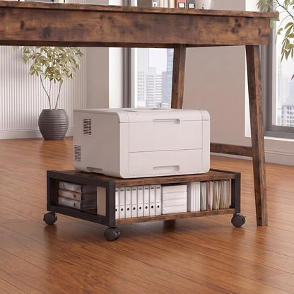 Zonon 2 Tier Printer Stand Under Desk with Lockable Wheels 19.7x15.7x7.9 Inch Rolling Printer Table Cart Under Desk Short Movable Storage Shelf for Home Office Organization (Open Shelf Style,Brown)