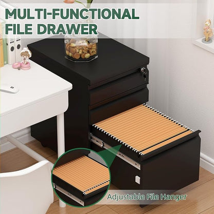 Filing Cabinets for Home Office, Printer Table with Caster, Lockable Office Cabinet with 3 Drawer, Small File Cabinet for Letters/A4, No Assembly Required, Black