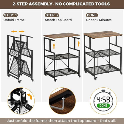 DEANIC Heavy Duty 3-Tier Printer Stand with Locking Wheels, 23.6 x 18.9 x 30 Inches Folding Printer Table with Storage, Large Printer Table Shelf, Easy Assembly for Home Office, Black