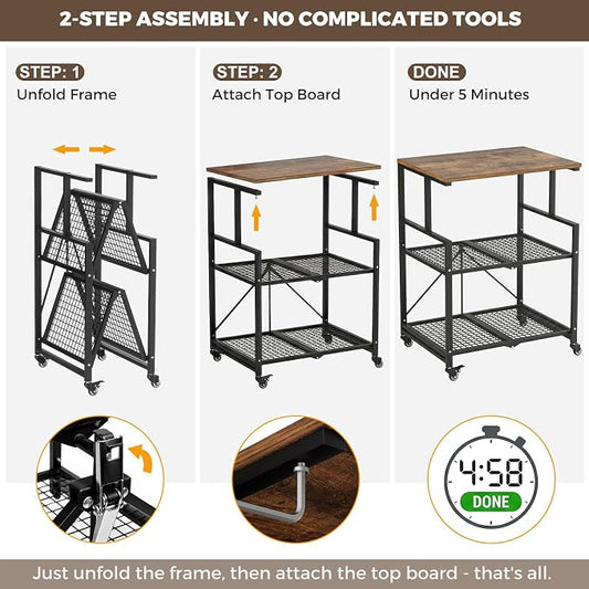 DEANIC Heavy Duty 3-Tier Printer Stand with Locking Wheels, 23.6 x 18.9 x 30 Inches Folding Printer Table with Storage, Large Printer Table Shelf, Easy Assembly for Home Office, Black