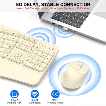 Wireless Keyboard and Mouse Combo, Ergonomic Wave Keys (Latte) | 2.4G Full Size Wave Keyboard with Wrist Rest, 3-Level DPI Adjustable Ergonomic Mouse for Windows and Mac OS Desktop/Laptop/PC