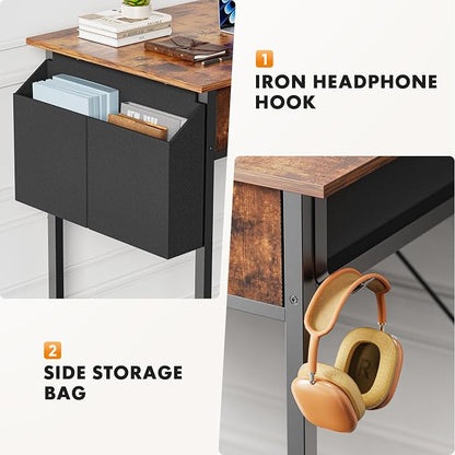 Sweetcrispy 32 Inch Small Computer Desk with Fabric Drawers for Bedroom Home Office, Writing Gaming Desks Study PC Table with Side Bag and Headphone Hook, Rustic Brown
