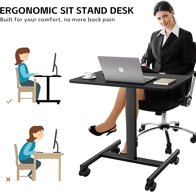 GallopFun Mobile Laptop Standing Desk Adjustable Height, Small Mobile Desk Workstation with Wheels, Portable Rolling Computer Desk Cart for Home Office Classroom (Black)